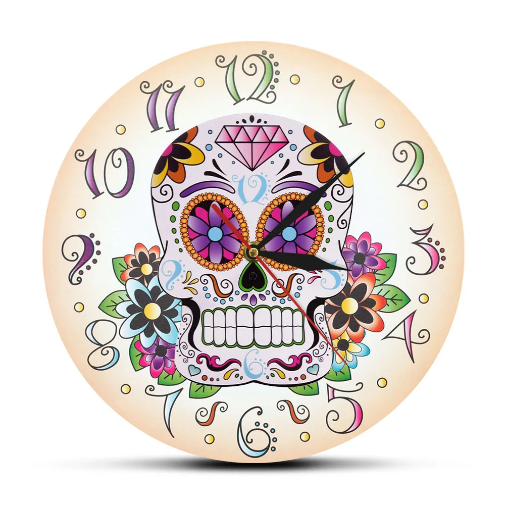 Day of the Dead Mexican Floral Skull Wall Clock Dia de Muertos Spanish Home Decor Hanging Wall Watch Silent Movement Timepieces