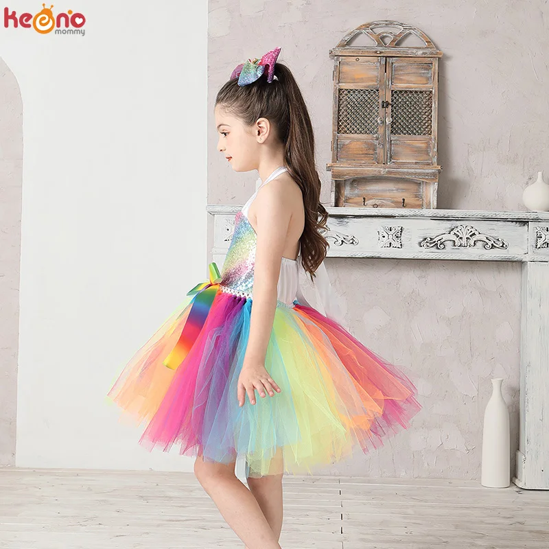 Rainbow Sequins Girl Princess Tutu Dress Kids Wedding Birthday Party Pageant Tulle Dresses Vestidos Children Bow Clothing