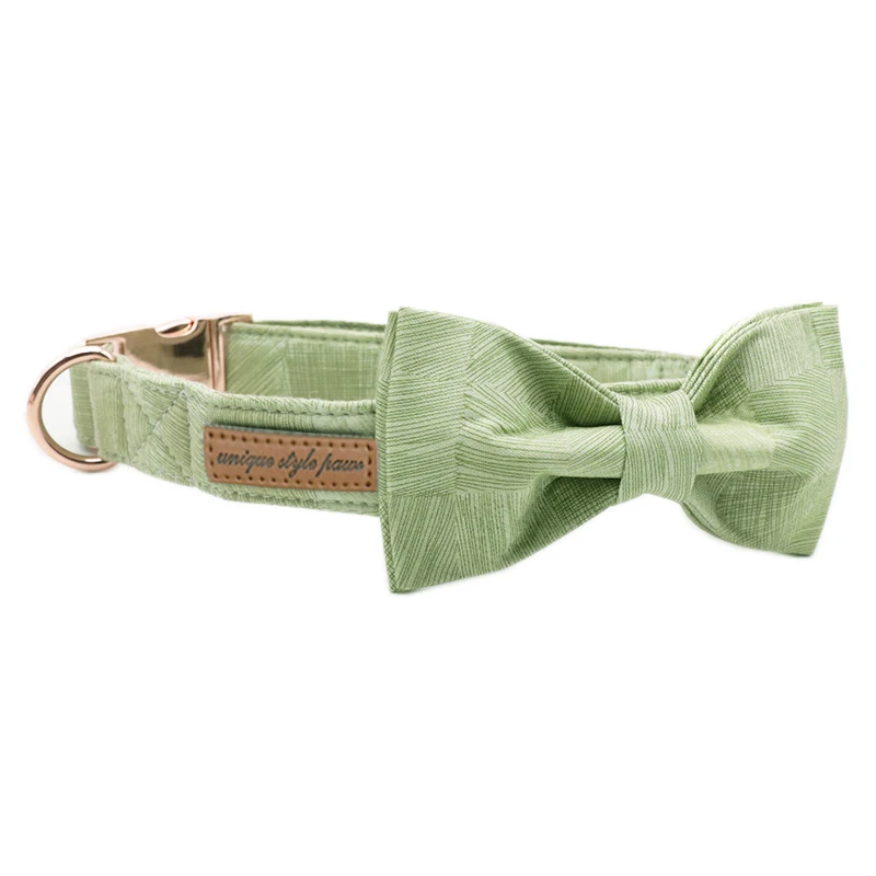 

Unique Style Paws Green Stripes Dog Collar with Bow Tie Soft and Cotton Fabric Collar Metal Buckle Adjustable Pet Accessory