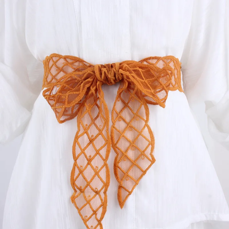 Fashion Korea Lace Fabric Belts For Women Female Ribbon Dress Waist Accessories Long Scarf Headband