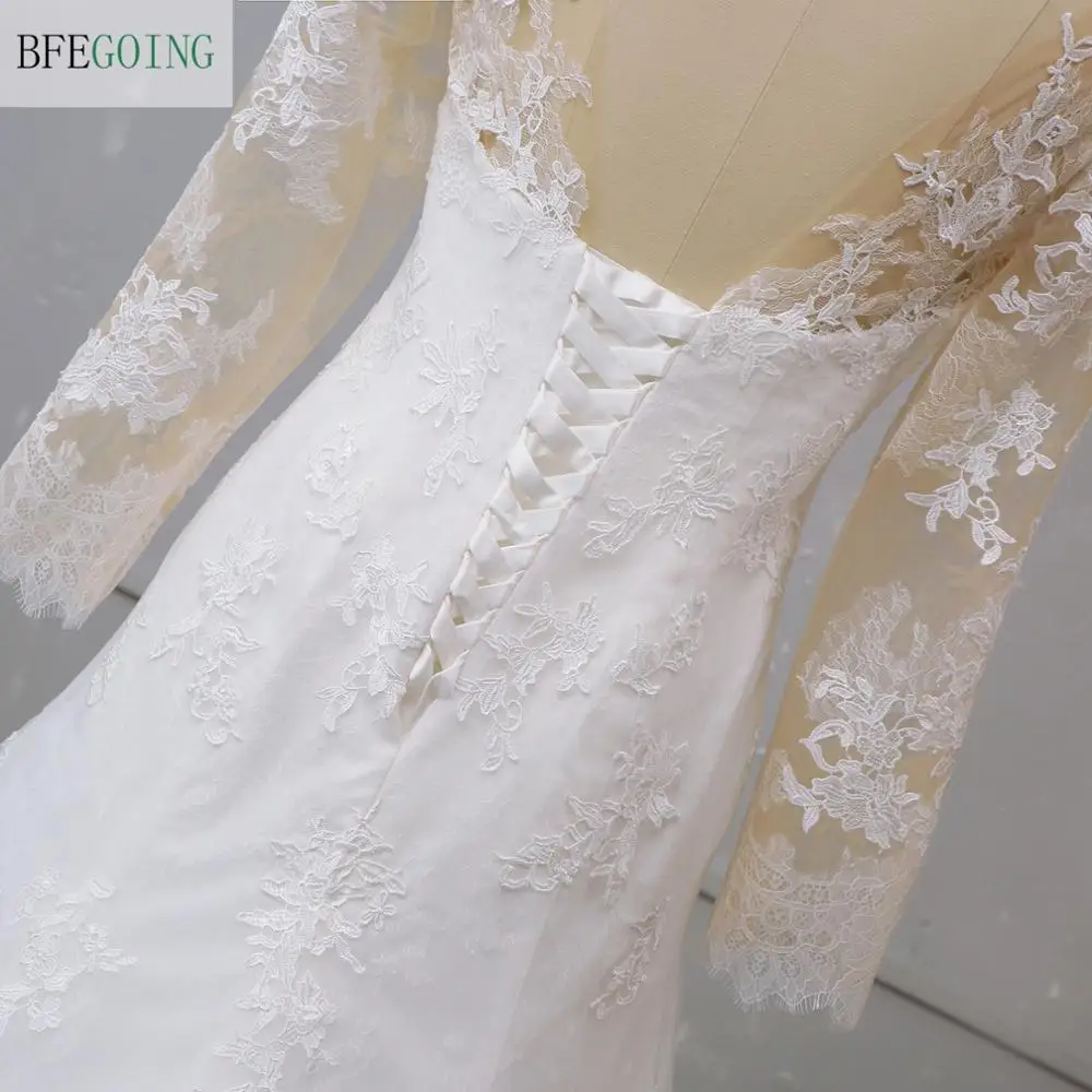 Avorio Tulle Del Merletto Maniche Lunghe Con Scollo A V Abito Da Sposa Pavimento-Lunghezza Della Sirena/Tromba Abito Da Sposa Cappella Treno Su ordine