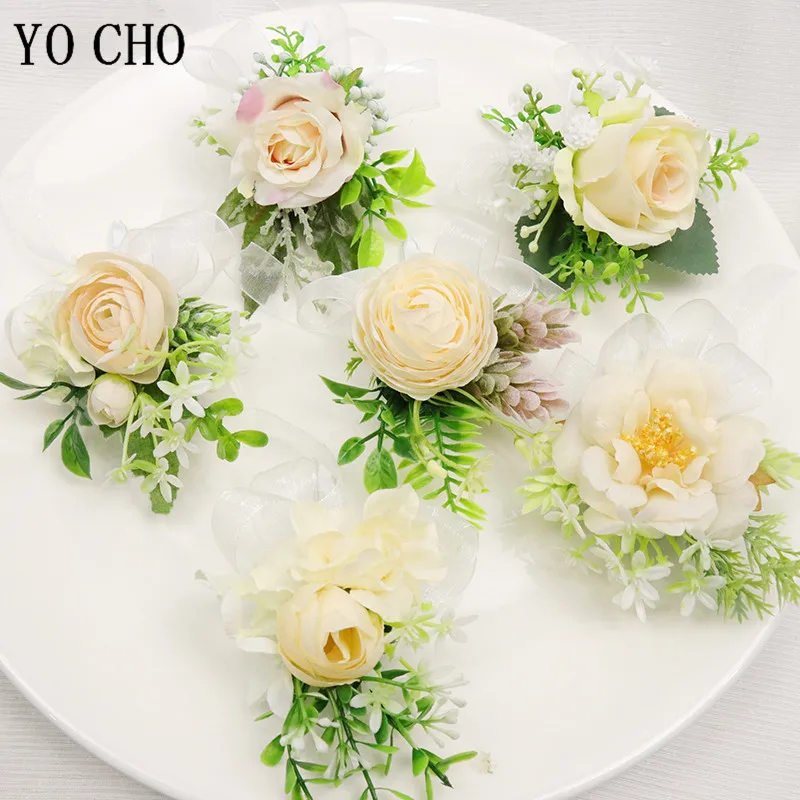 YO CHO Wedding Corsages and Boutonnieres Groomsmen Boutonniere Artificial Silk Rose Wedding Wrist Corsage Bride Bracelet Flowers