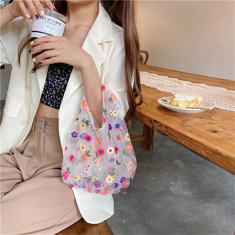 Spring Sweet Mesh Embroidered Tote Bags Female Shoulder Light Clear Shipping Bags Floral High Capacity Eco Bag Purse for Girls