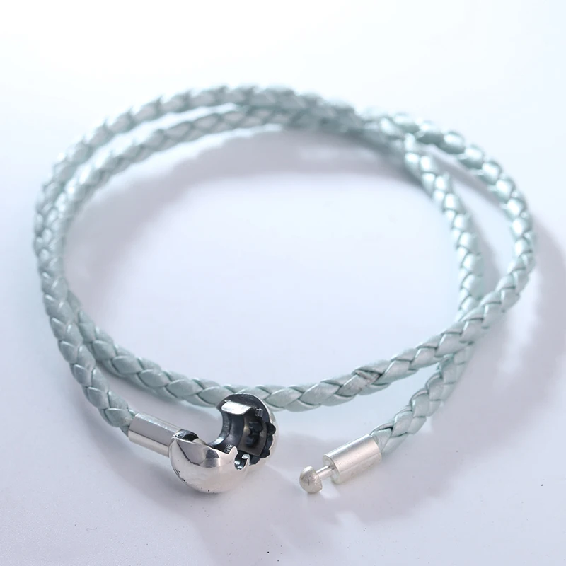 Silver Round Clasp Pearl Light Blue Leather Bracelets For Woman DIY Fashion Beads & Charms European Bracelets