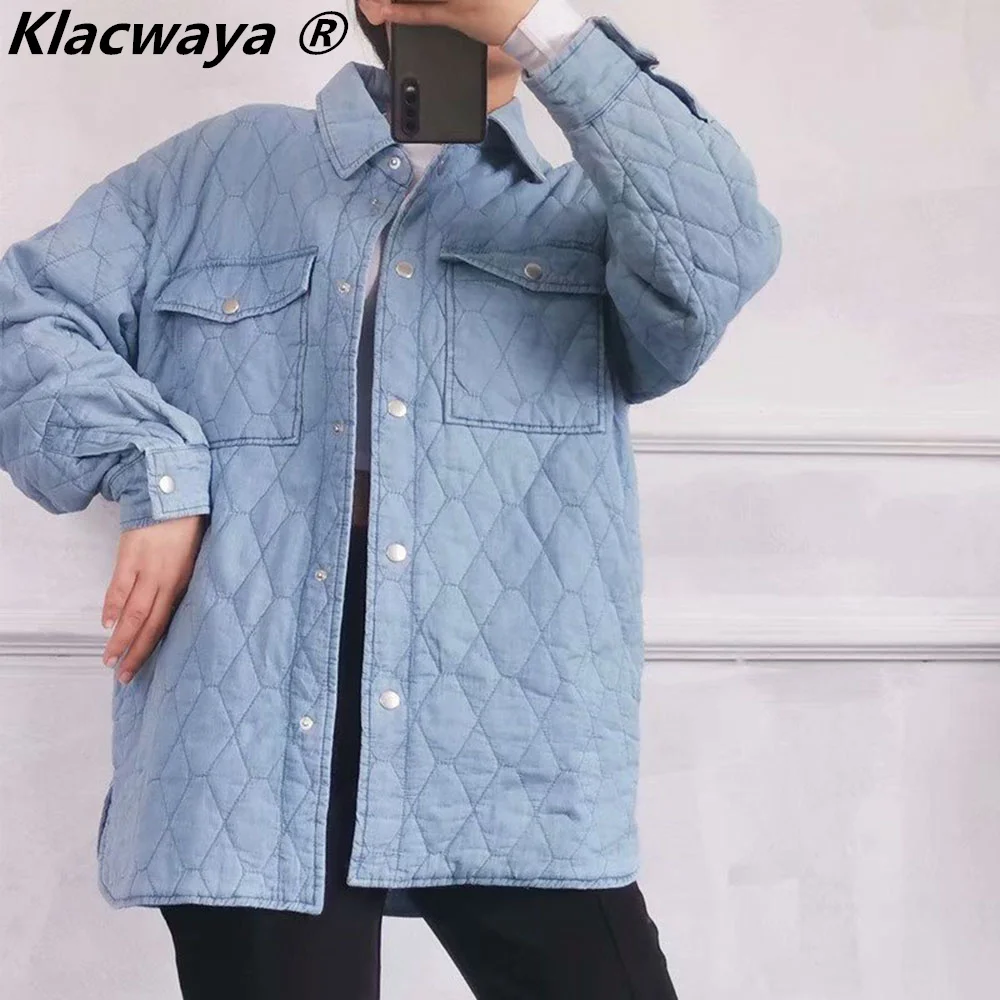 Klacwaya 2021 Vrouwen Effen Kleur Argyle Jas Vintage Kraag Snap Pocket Vrouwelijke Losse Streetwear Bovenkleding Chic Jacket