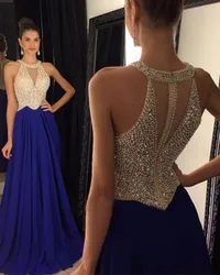 Fashion O-Neck Pearl Beads Blue Long Evening Dress 2023 Party Elegant Sleeveless Long Prom Dress Special Robe de soiree