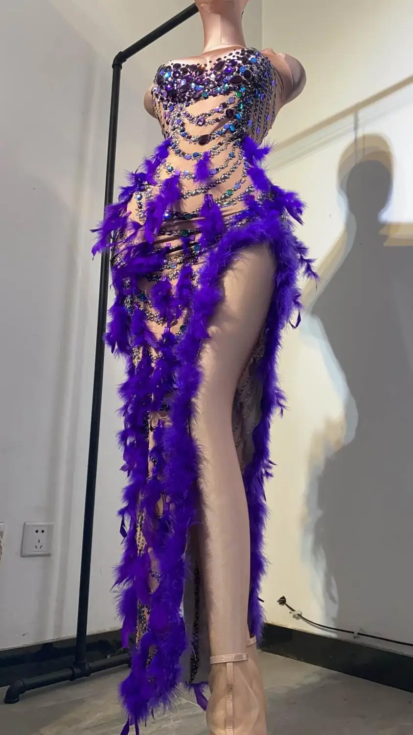 Sexy Purple Crystal Feather Long Dress Women Stretch Nude Evening Party Bodycon Dress Singer Stage High Slit Rhinestone Dress