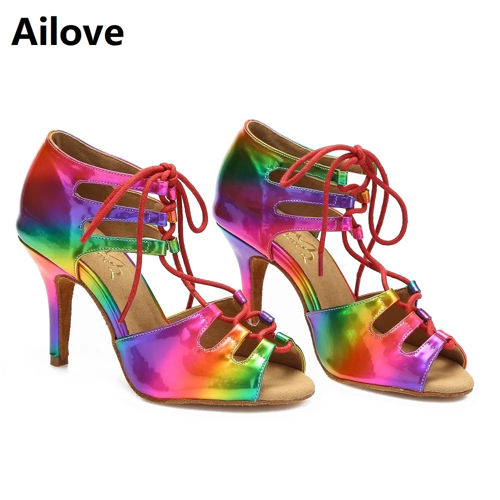 Women Ballroom Latin Dance Shoes Lady Lace-Up Salsa Dancing Sandals Bright Rainbow PU Indoor Sports Heels ALS052