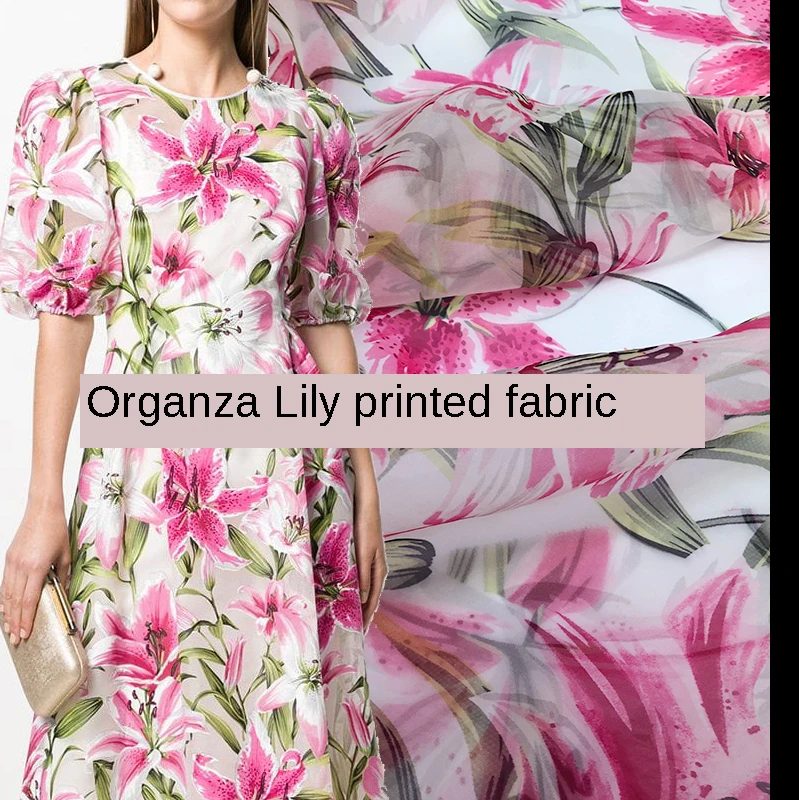 145*50cm brand printed fabric pink lily organza dress skirt DIY handmade custom fabric