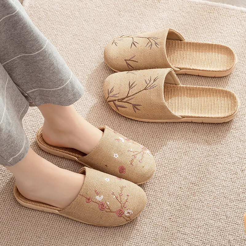 Linen Slippers Female Summer Male Couple Home Embroidered Non-Slip Soft Bottom Indoor Home Use Cotton And Linen Floor Slippers