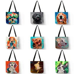 Exclusive Oil Painting Dog Print Shopping Bags for Groceries Papillon Pug  Retriever Print Women Handbag Shoulder Large Capacity