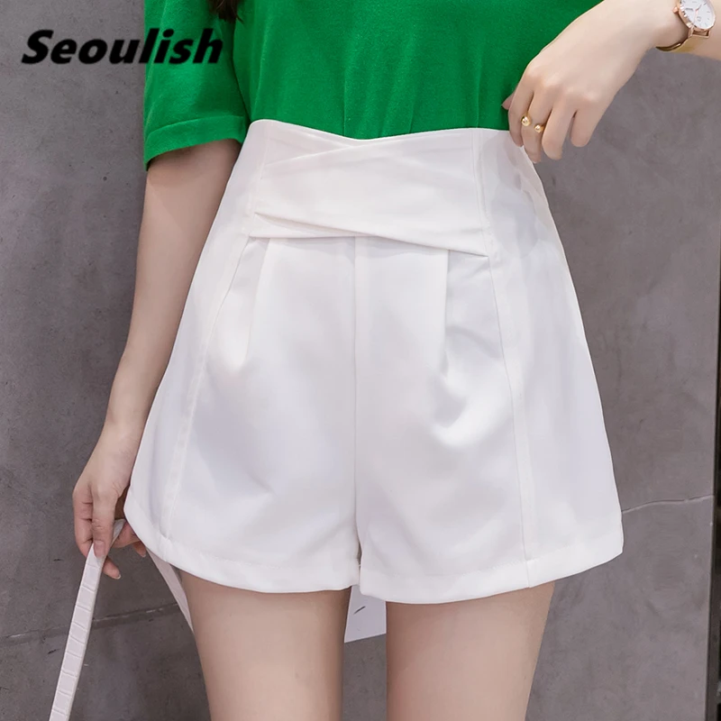 

Seoulish Summer 2021 New Front Criss-Cross Women Suit Shorts High Waist Office Lady Wide Leg Shorts Elegant Chic Loose Trousers