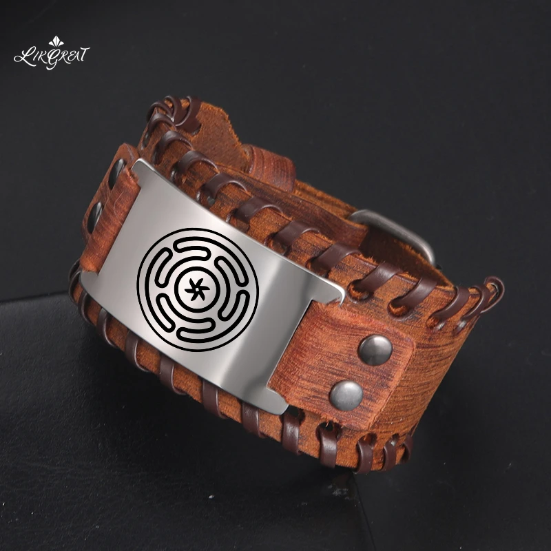 New In Hecate Wheel Strophalos Men's Wide Leather Wrap Bracelets Kabbalah Amulet Viking Bangle Adjustable Punk Wrist Jewelry