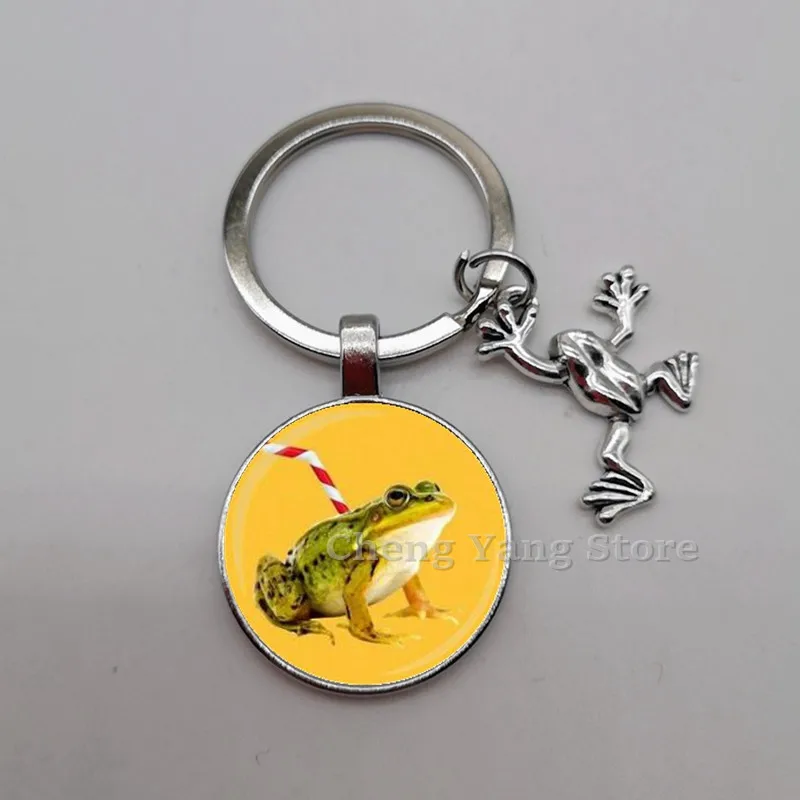 Playful and cute frog glass convex round keychain pendant, charm frog keychain, DIY keychain