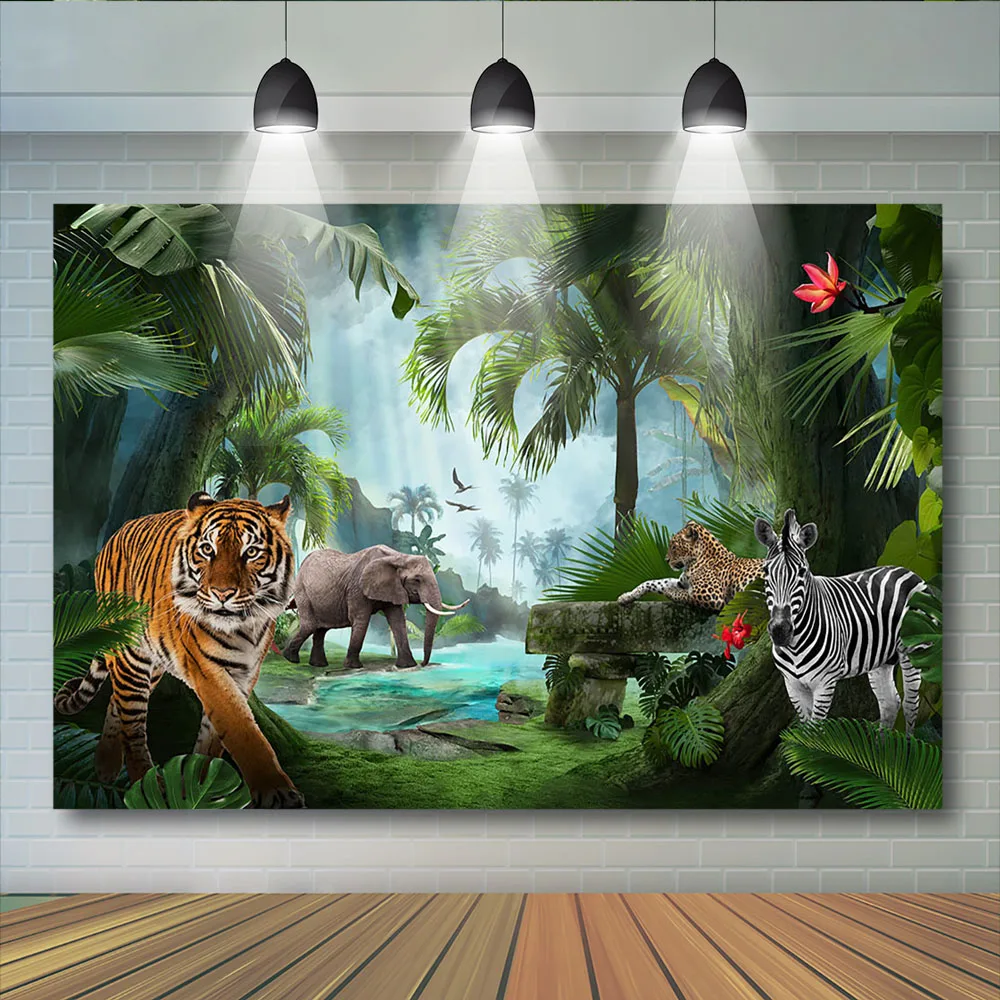 Jungle Jaguar Kids Boy Backdrop Cake Smash Photography Portrait Trees Tropical leaves Birthday Party Film Photocall Photostudio