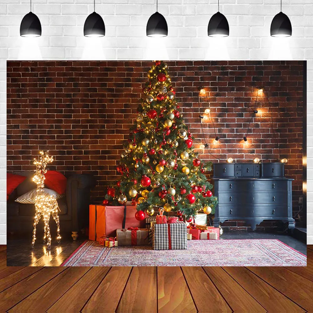 Photography Backdrops Red Brick Wall Wood Floor Christmas Tree Gift Box Background Photo Studio Christmas Backdrops