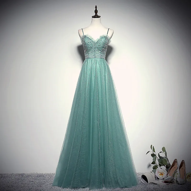 Sexy Green Bridesmaid Dresses Long tulle Party Gowns Spaghetti Backless Shining Beads