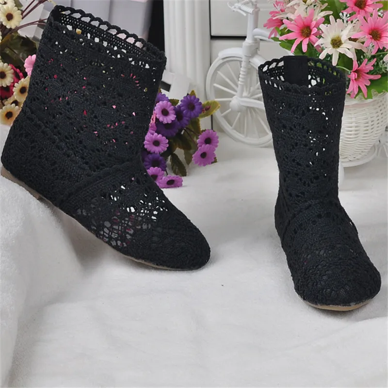 Botas huecas de punto para mujer, zapatos de malla de fondo plano, tubo alto/bajo, transpirables, moda de primavera y otoño