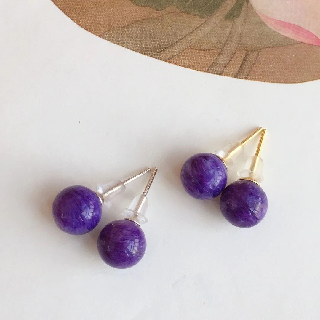 Natural Charoite Stud Earrings Sterling 925 Silver Gemstone  Jewelry for Woman Lady Wedding Party Gift