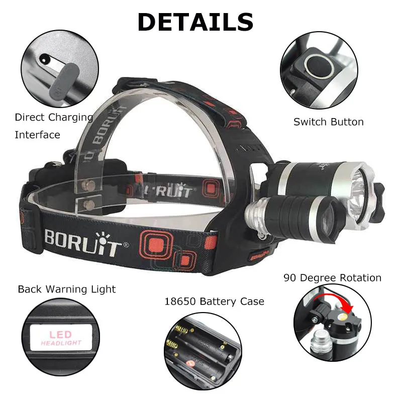 10000 Lumens 3 LED Headlamp Forehead Flashlight Head Torch Light Rechargeable Headlight by 18650 Battery For Camping Fishing