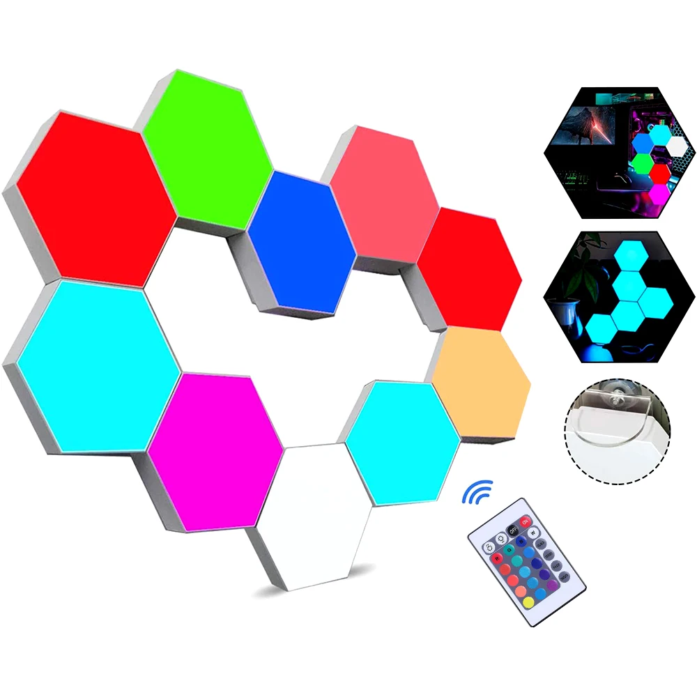 Smart Hexagon Wall Lights with Remote DIY Geometric Hex Modular Assembled LED Colorful Lights for Bedroom Living Room Decoration