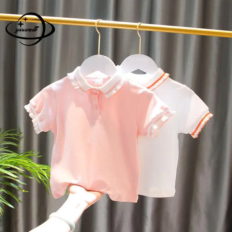 3-7y Kids Polo Shirts Summer Girls Tops Tees Clothing Short Sleeve Solid Color Breathable Lace Soft Children\'s Clothes H21