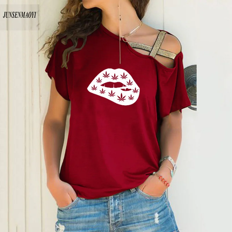 

Футболка женская летняя с принтом «кусающие губы», повседневный топ с коротким рукавом, ассиметричная бандажная рубашка с перекрещивающимися полосками, Размер 5XL