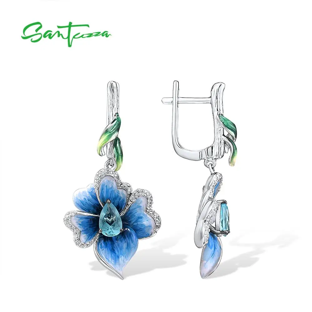 SANTUZZA Silver Drop Earrings For Women Genuine 925 Sterling Silver Elegant Blue Flowers Trendy Fine Jewelry Handmade Enamel