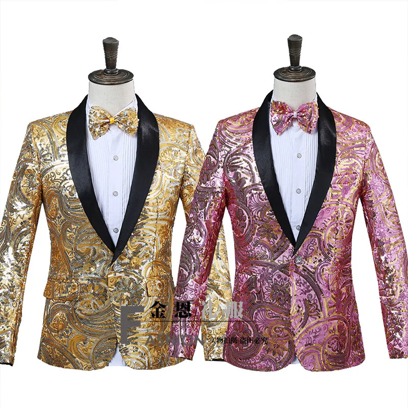 

2023 Men's Fancy Sequined blazer Green Collar Embroidery Bronzing Suit Singer Host Photo Studio Photography blazer