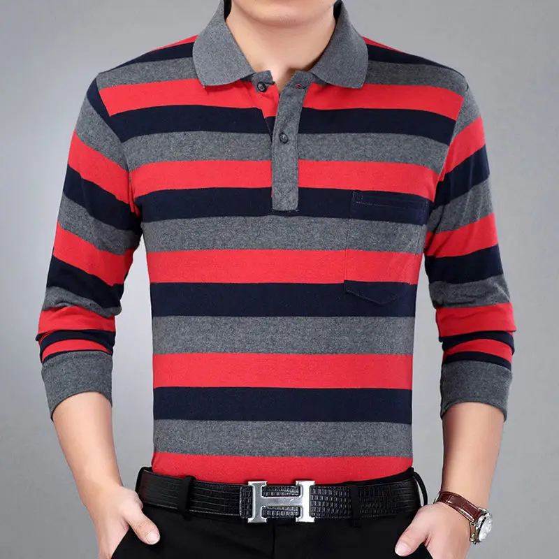 Long Sleeve Male Polo Shirt Work Wear Stripe Polo T Shirt For Men Tun Down Collar Autumn Winter Basic Office Clothes Casual