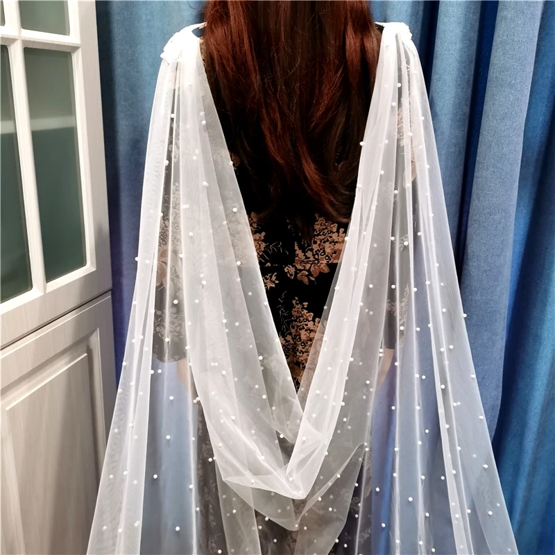 Real Photos Pearls Tulle Bridal Wraps Cape Veils White Ivory Bolero Shrugs for Brides Cathedral Long Wedding Accessories 3 Metre