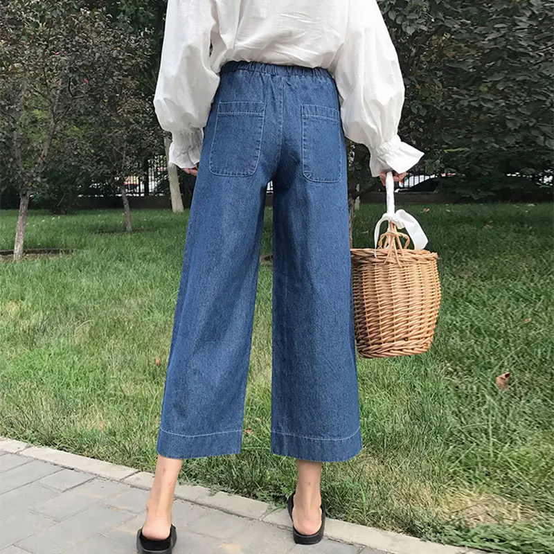 Wiosna Korea moda damska wysoka talia Vintage niebieskie luźne jeansy wszystkie dopasowane dorywczo bawełniane spodnie jeansowe szerokie nogawki V613