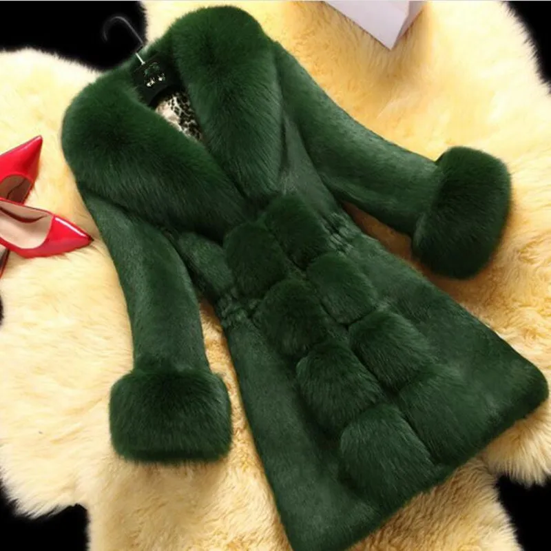 2025 new high-end imitation rabbit fur ladies fur coat mid-length new oversized fox fur collar coat Thick Warm Long Jacket