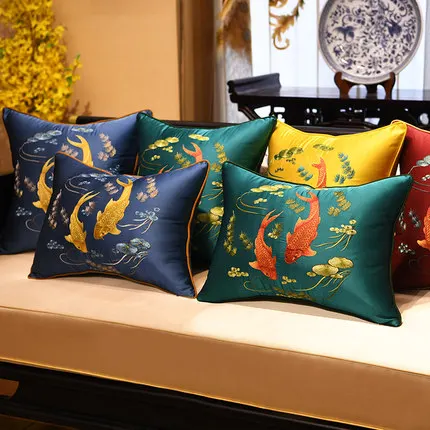 

Custom Fine Embroidery Koi Fish Lotus Silk Cover Cushion Pillow Case Chinese Xmas Sofa Chair Back Cushion Lumbar Pillow Cover