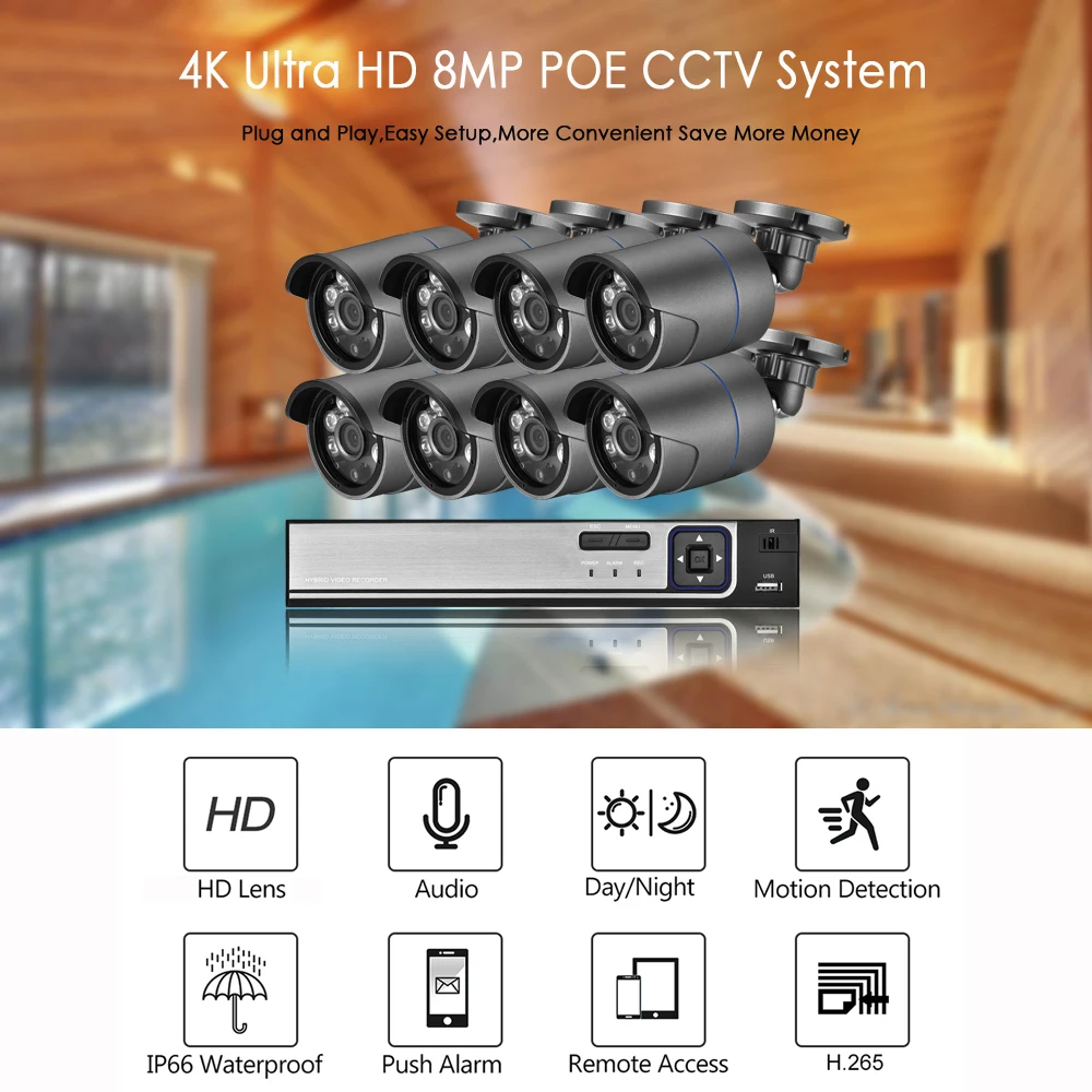 AZISHN 4K Ultra HD Surveillance Camera System 8MP H.265 POE NVR CCTV Video Recording Outdoor Weatherproof Security Camera Kit