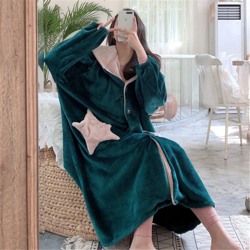 Explosive Star Nightgown Winter Flannel Thickening Fashion Long Bathrobe Long Sleeve Hooded Kimono Pajamas sexy sleepwear