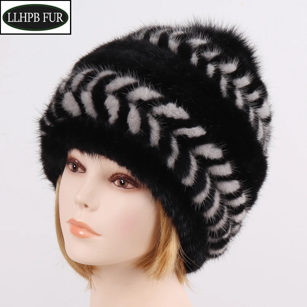 

Hot Sale Women Winter Warm Real Mink Fur Hat Knitted 100% Natural Mink Fur Cap And Fox Fur Pompoms Lady Real Mink Fur Casual Hat