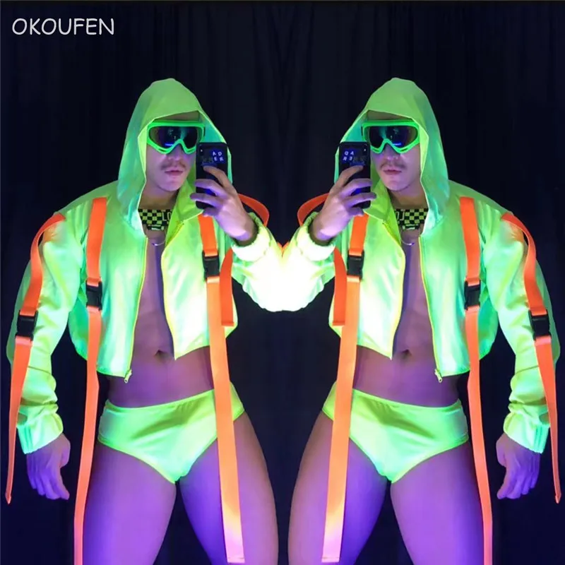 

Sexy Bar Nightclub Fluorescent Green Hooded Jacket Fashion Men's Sports Suit Stage Show Dance Performance Set