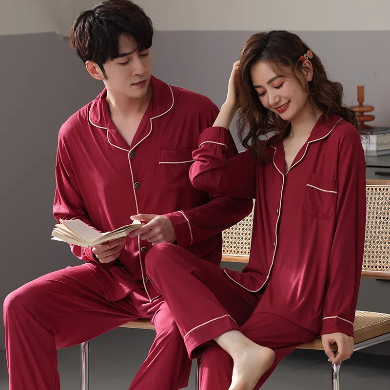 

Lovers Modal Pajamas Suit Nightgown Couple Nightwear 2PCS Tops&Elastic Pants With Pocket Spring Autumn Home Clothing Sleepwear