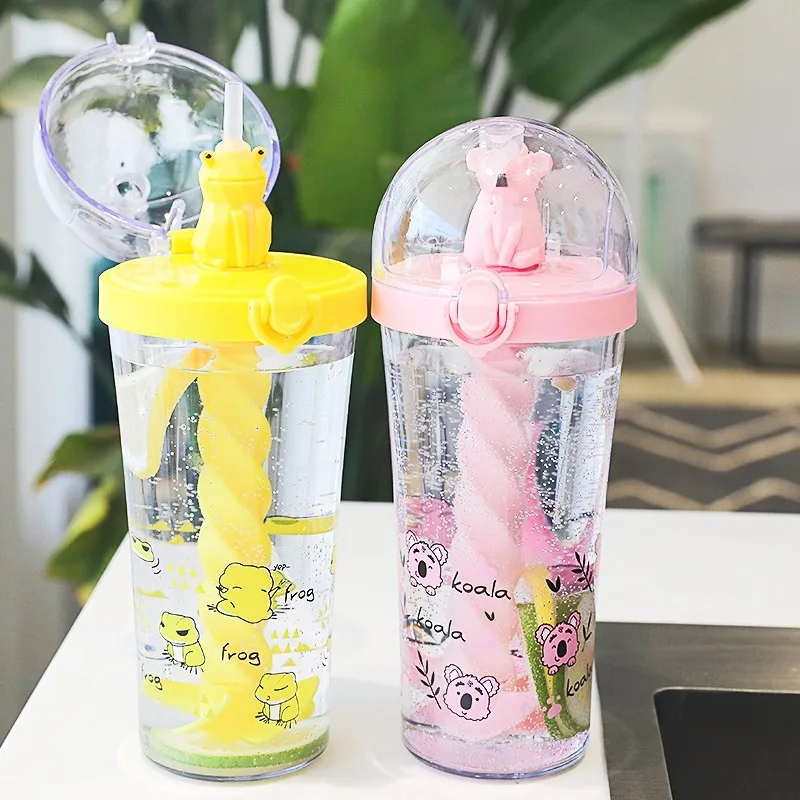 Creatieve waterfles met stro, cartoon mixing cup, schattig en grappig, dierlijk ontwerp, plastic, meisjeshart