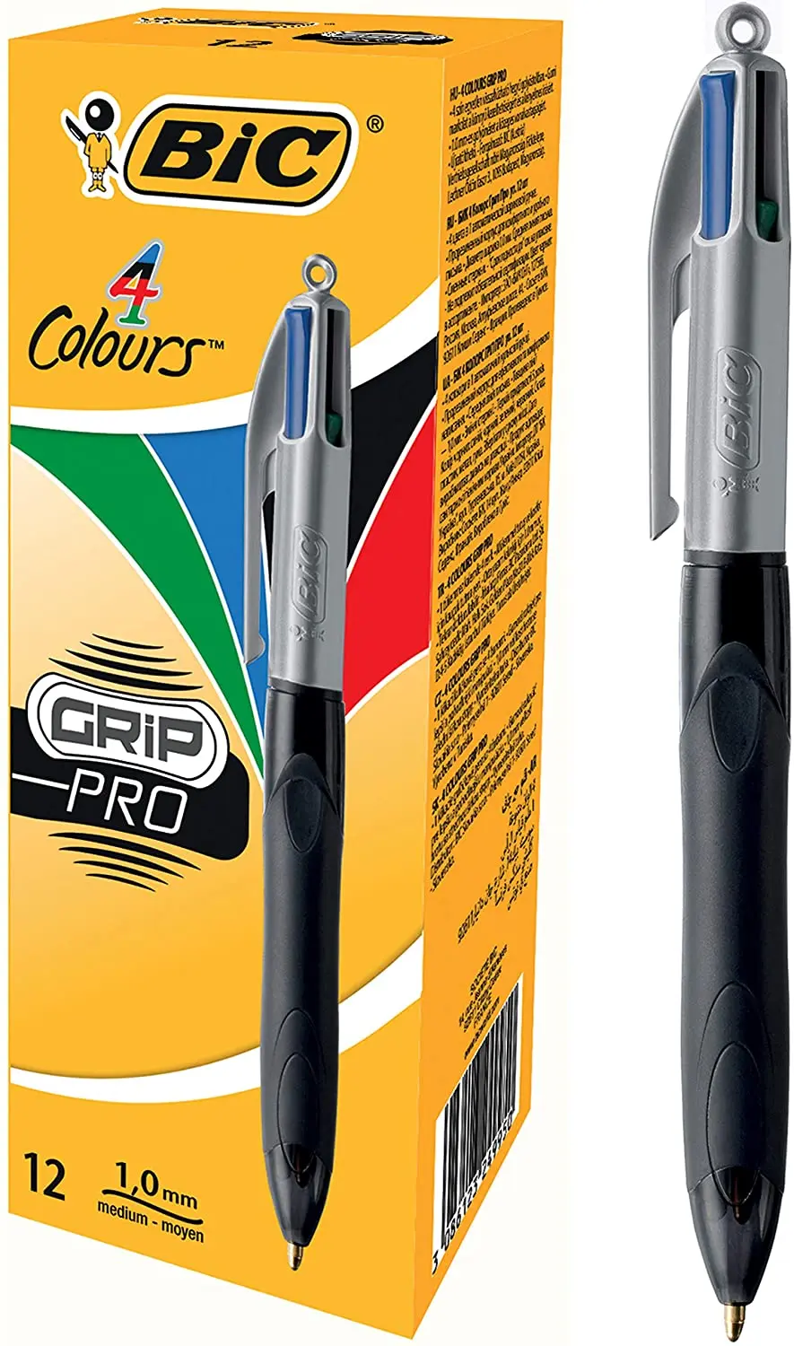 Bic 4 Colours Grip Pro Ballpoint Pen,Box of 12, Medium Point, 1,0mm, Black, blue, Red and Green Ink, Original Product