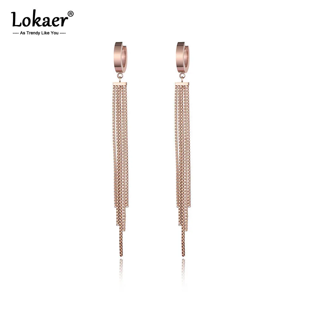 Lokaer موضة شرابة طويلة الفولاذ المقاوم للصدأ هوب أقراط للنساء ارتفع الذهب مطلي أقراط للأذن على شكل سلسلة شحن مجاني aretes E17069