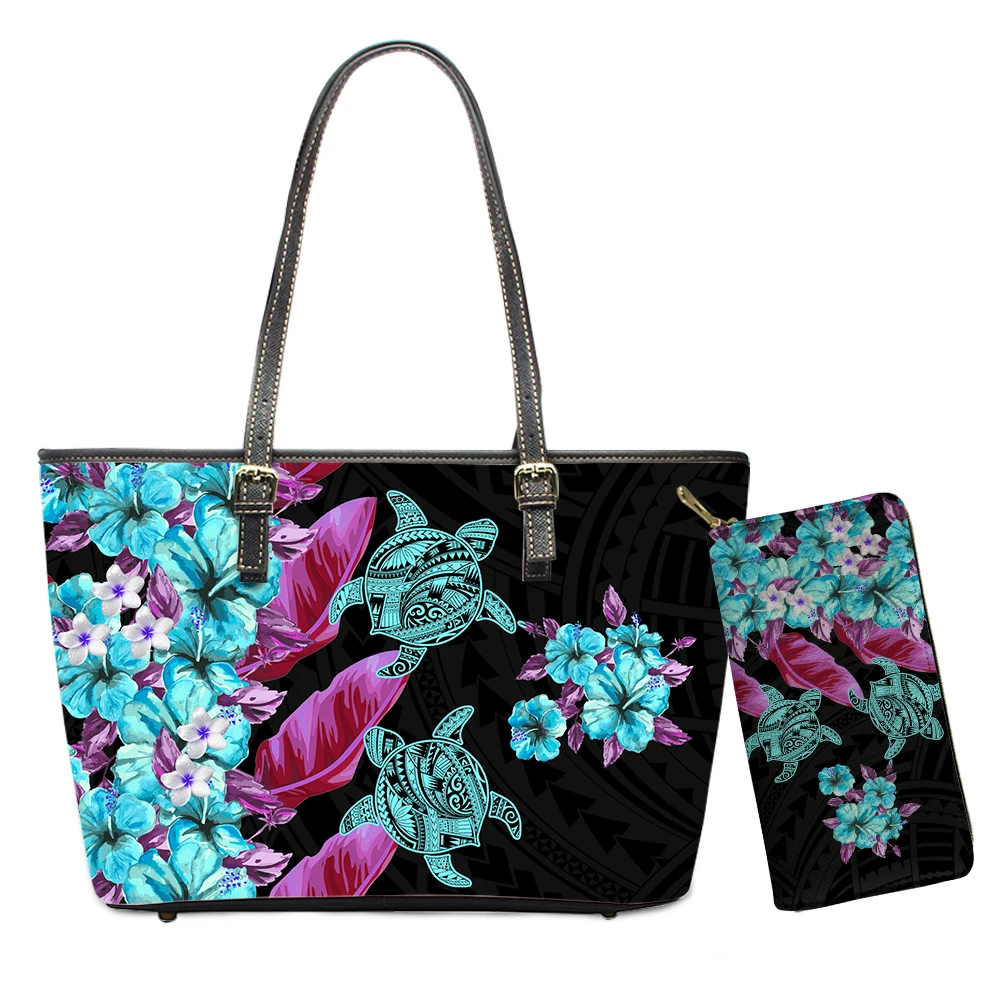 

ELVISWORDS 2Pcs/Set Lady Shoulder Bags Purses Custom Handbags Wallet Polynesian Tribes Flower Printed Women Large Top-Handle Bag