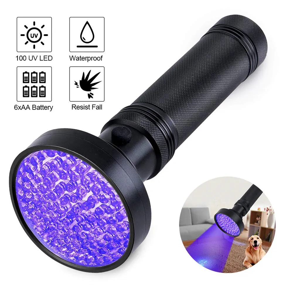 Super Bright 100 LED 395nm UV Blacklight Flashlights Ultraviolet Torch Flashlight Detector for Pet Urine Home & Hotel Inspection