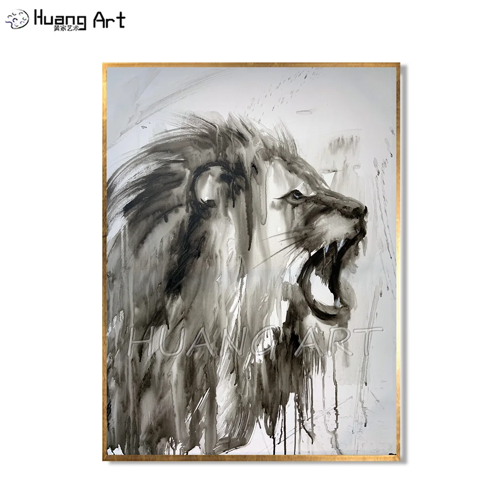 

Original Art Ink Painting Hand-painted High Quality Modern Roaring Lion Oil Painting on Canvas Roar Lioness Animal Wall Painting