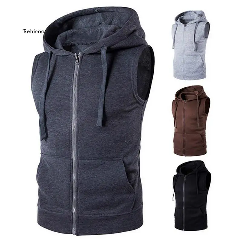 

Brand New Solid Vest Men Fashion Sleeveless Hoodies Cardigans Jacket Autumn Causal Zipper Pockets Vest Waistcoat Clothes