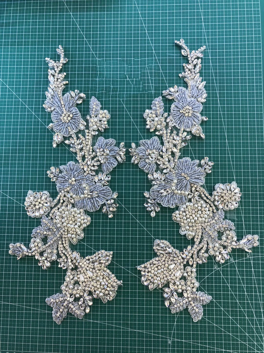 Smoke Blue 3D Flower Rhinestone Applique Pair Crystal Beading Handcraft Patch French Bodice Patch Heavy Applique