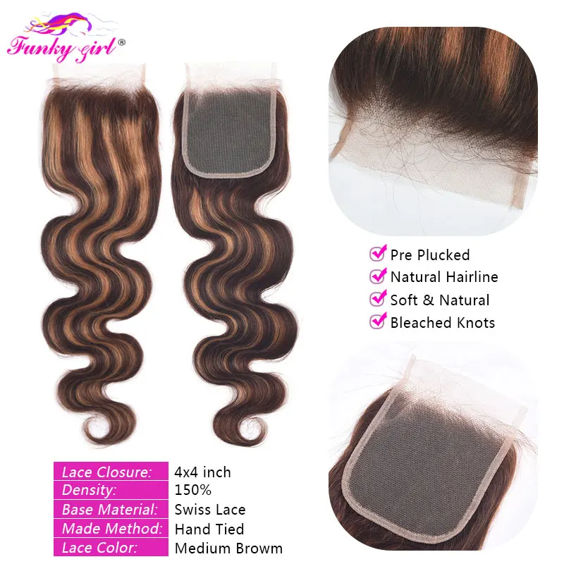 Funky Girl-Pacotes de cabelo peruanos com fechamento frontal, 100% cabelo humano, colorido destaque, P4, 27