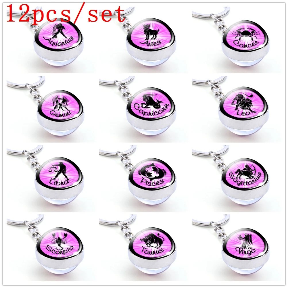 12 Pcs/set Constellation Set Keychain Zodiac Signs Keyrings Double Side Glass Ball Key Chain for Women Men Party Vacation Gifts