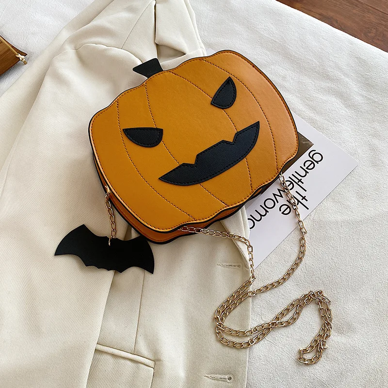 Newest Female Fanny Crossbody Handbag Halloween Devil Pumpkin Shaped Fashion Wild Fantastic Shoulder Bag with Chain Strap